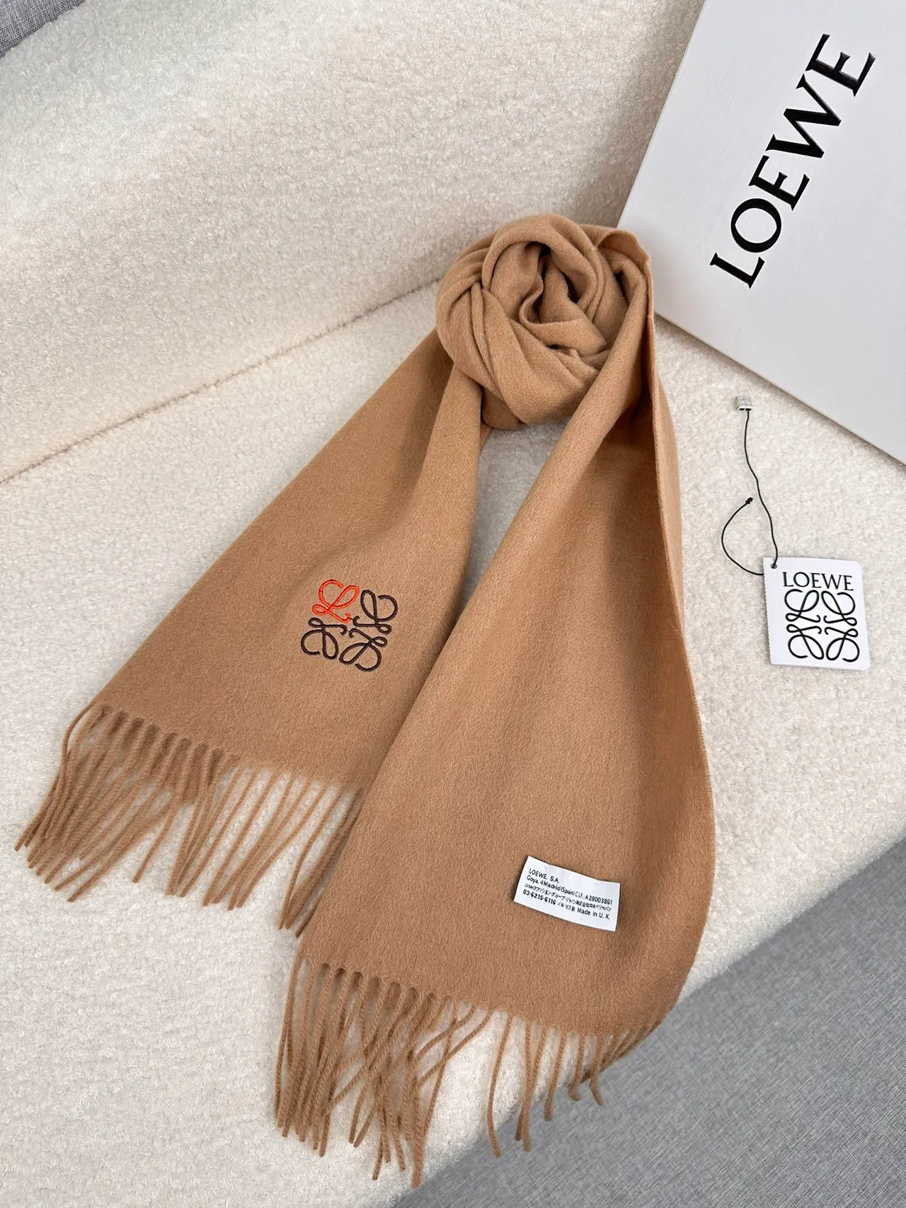 Loewe Anagram-Embroidered Camel Cashmere Scarf 2