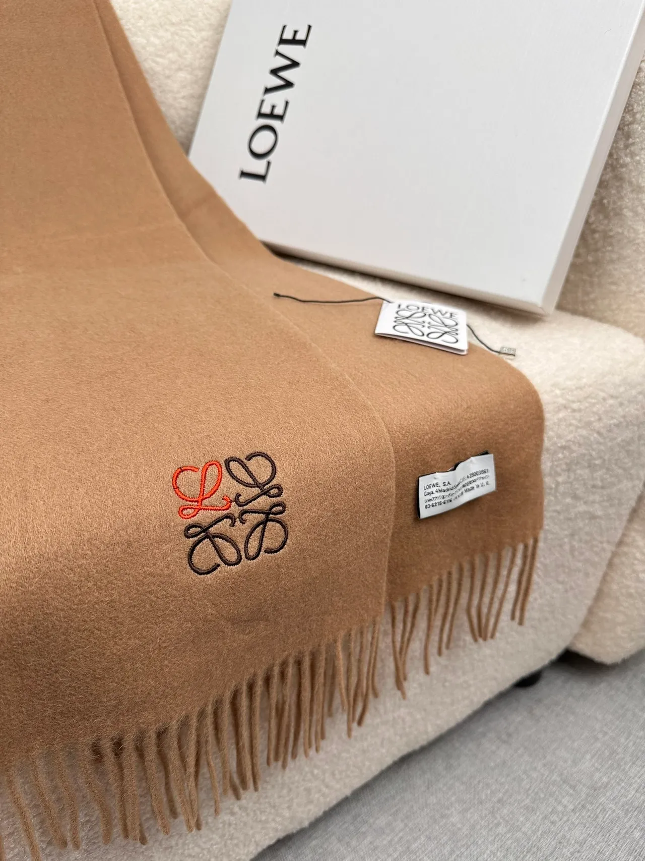 Loewe Anagram-Embroidered Camel Cashmere Scarf 3