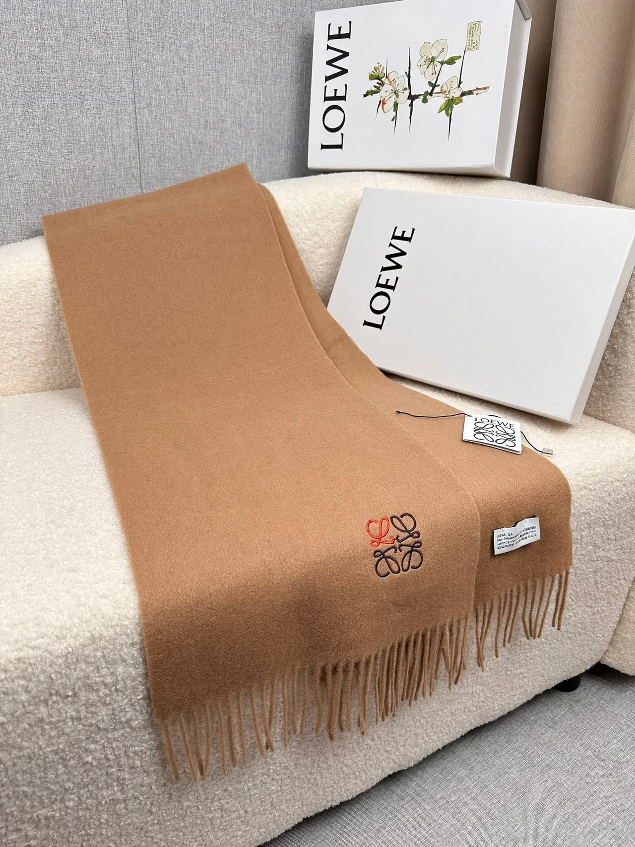 Loewe Anagram-Embroidered Camel Cashmere Scarf 4