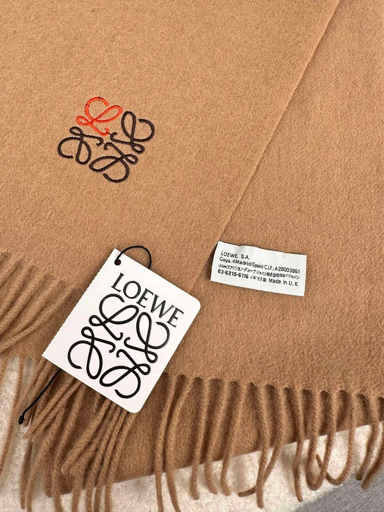 Loewe Anagram-Embroidered Camel Cashmere Scarf 5