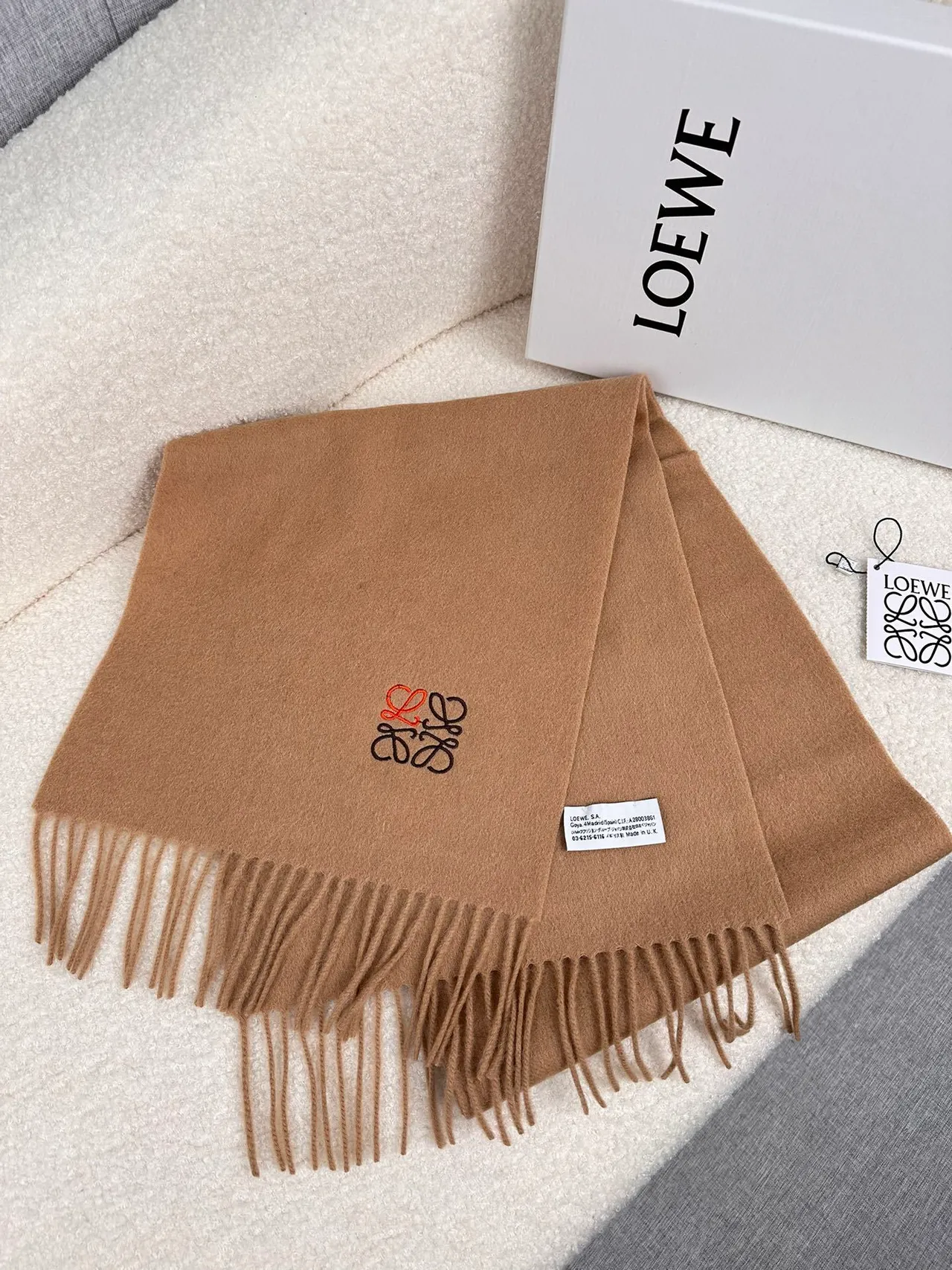 Loewe Anagram-Embroidered Camel Cashmere Scarf 6