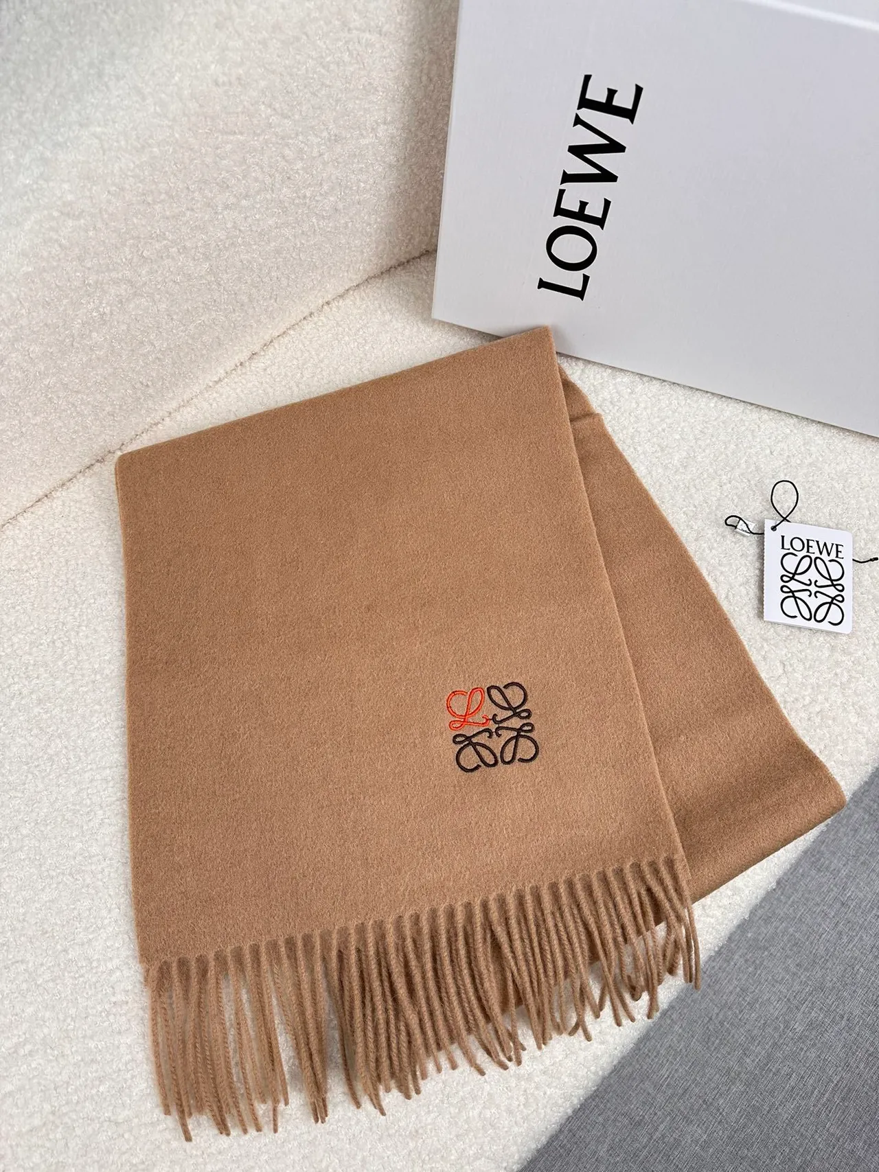 Loewe Anagram-Embroidered Camel Cashmere Scarf 7