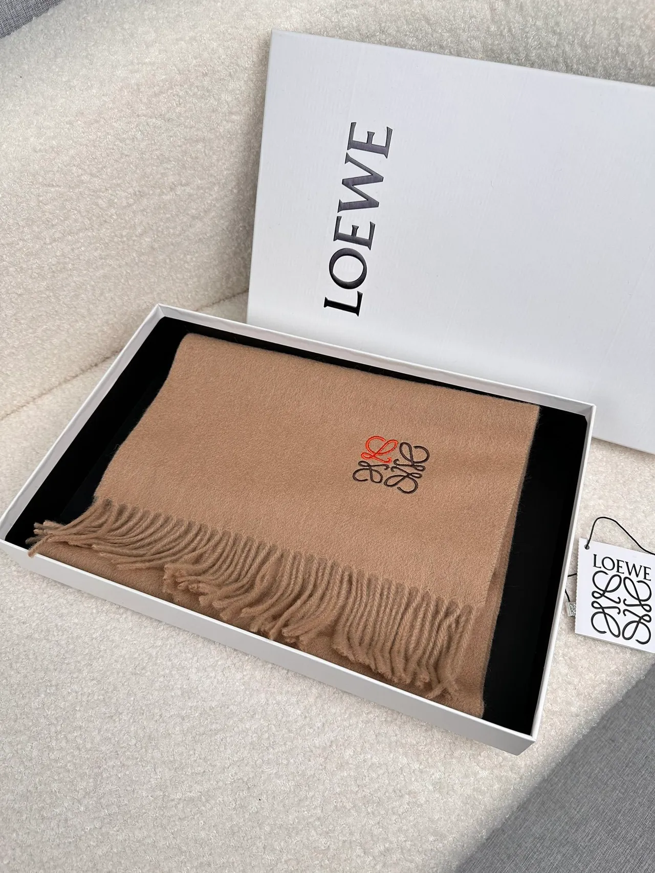 Loewe Anagram-Embroidered Camel Cashmere Scarf 8