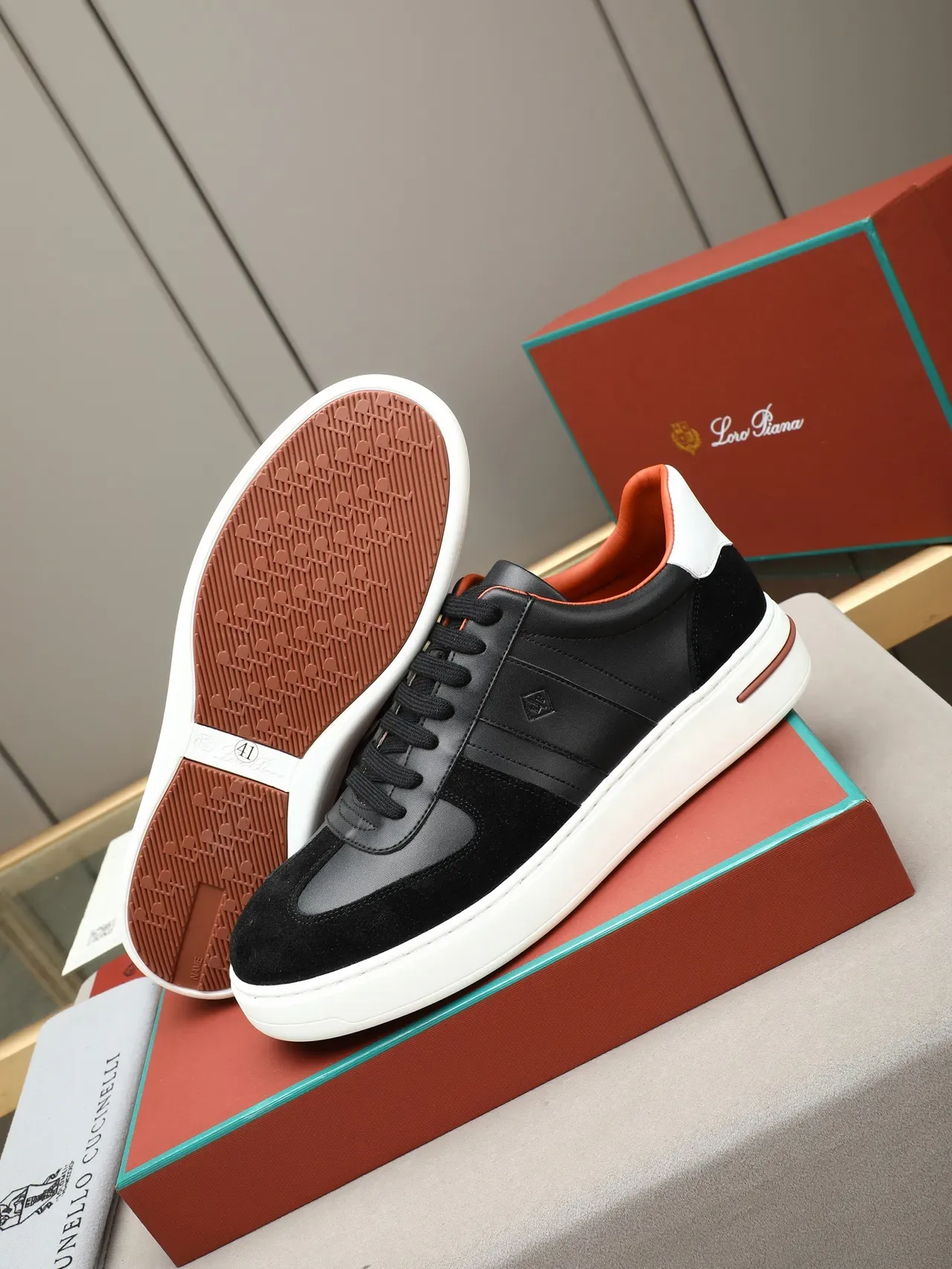 Loro Piana Black White Mixed-Material Upper Platform Sole Sneakers 4