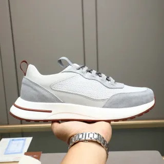 Loro Piana Gray Brown Mixed Suede And Mesh Upper Pull Tab At Heel Sneakers
