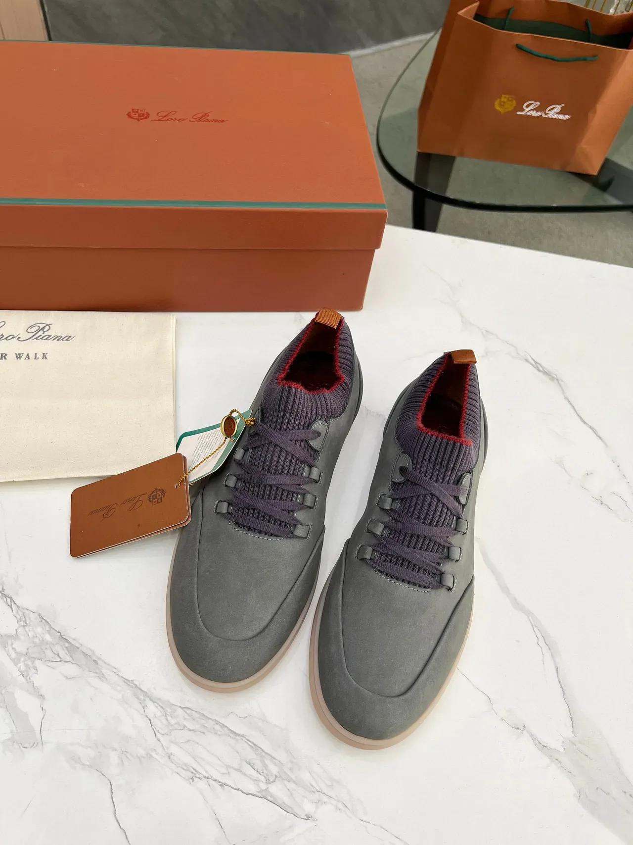 Loro Piana حذاء رياضي أسلوب حياة من السويد الرمادي بياقة تريكو 4