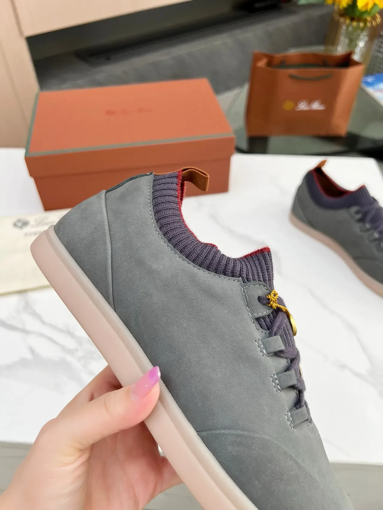 Loro Piana حذاء رياضي أسلوب حياة من السويد الرمادي بياقة تريكو 8