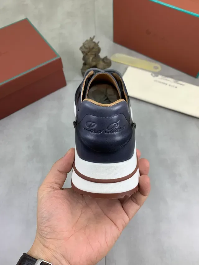 Loro Piana Navy White Chaussures Casuales Cuir Supérieur Semelle Médiane Épaisse 3