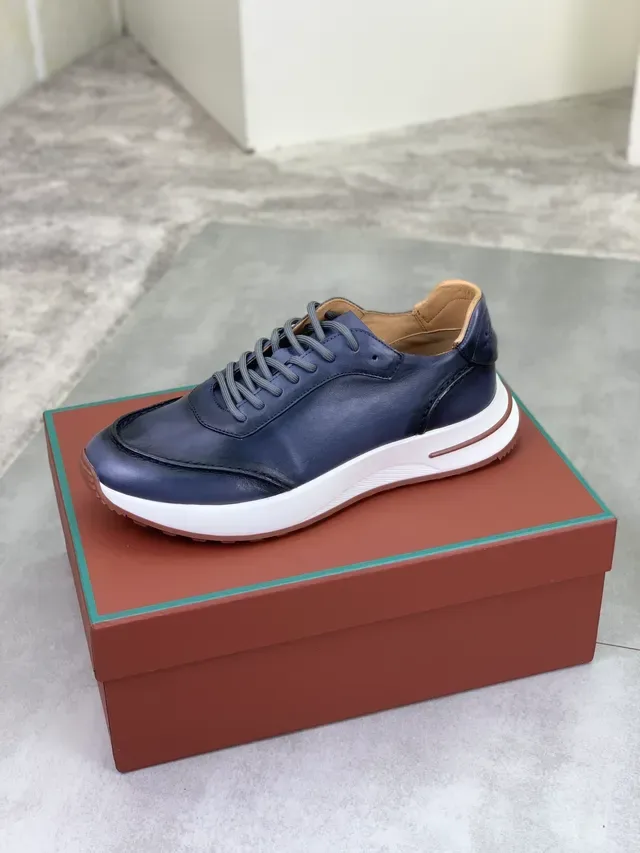 Loro Piana Navy White Chaussures Casuales Cuir Supérieur Semelle Médiane Épaisse 4