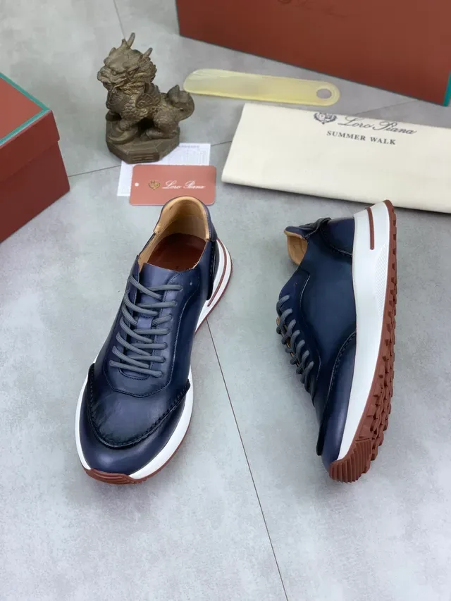 Loro Piana Navy White Chaussures Casuales Cuir Supérieur Semelle Médiane Épaisse 5