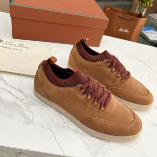 Loro Piana 棕色麂皮和酒红色针织领休闲鞋