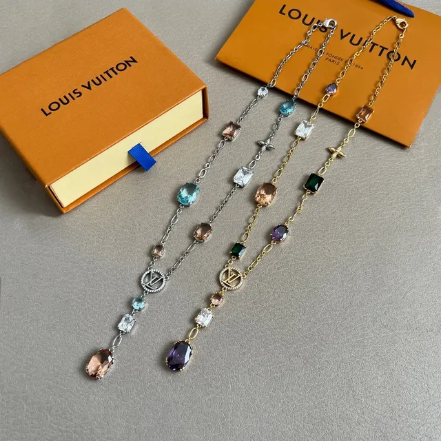 Louis Vuitton Asymmetrical Multi-Gemstone LV Logo Necklace 5