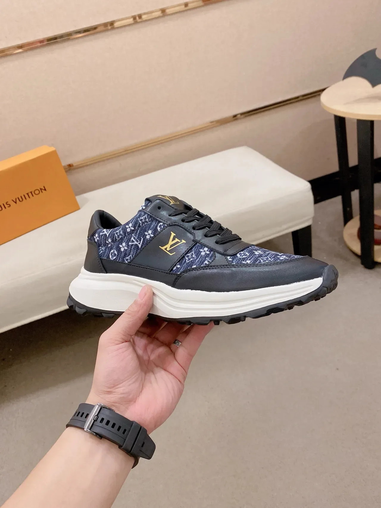 Louis Vuitton Black Navy Monogram Textile Leather Overlays Lifestyle Sneakers 5