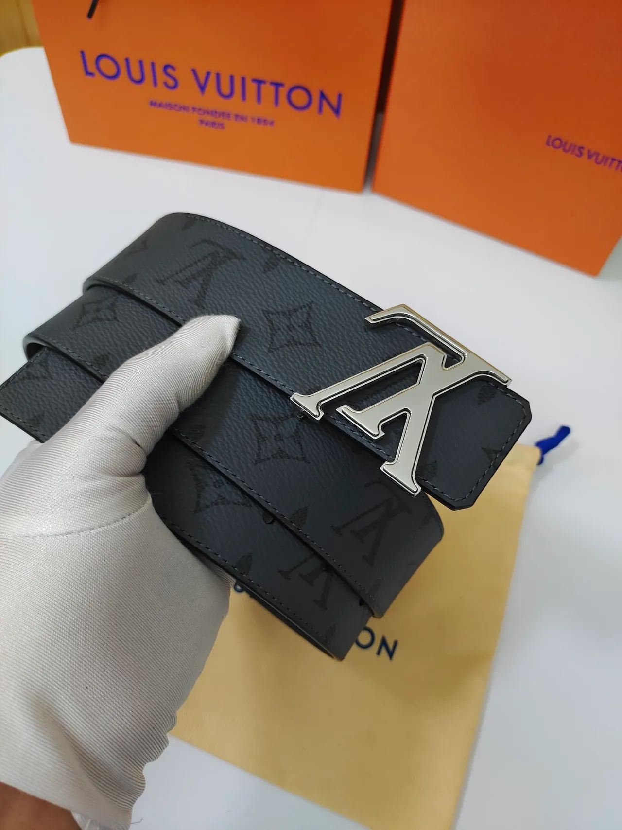 Louis Vuitton Black Silver Monogram-Coated Oversized LV Buckle Leather Belt 6