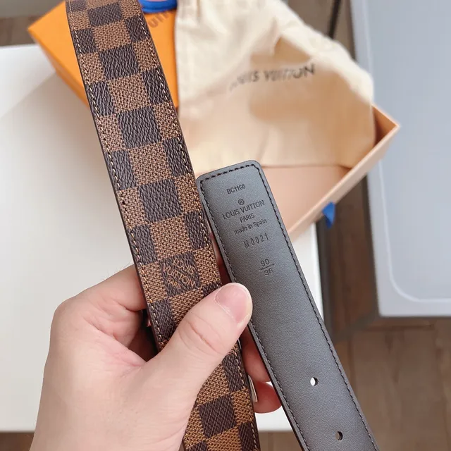 Louis Vuitton 棕色米色 Damier Ebène 帆布 Silver-Tone Grid Buckle 皮革腰带 2