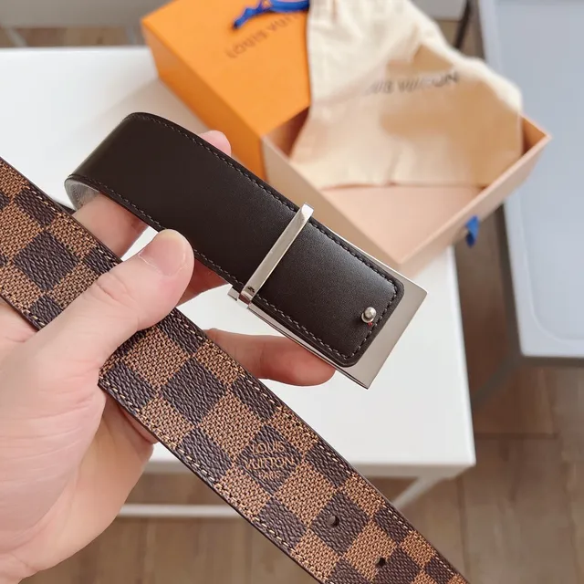 Louis Vuitton 棕色米色 Damier Ebène 帆布 Silver-Tone Grid Buckle 皮革腰带 3