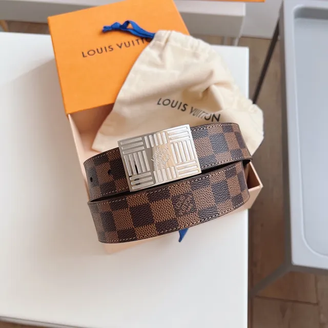 Louis Vuitton 棕色米色 Damier Ebène 帆布 Silver-Tone Grid Buckle 皮革腰带 4