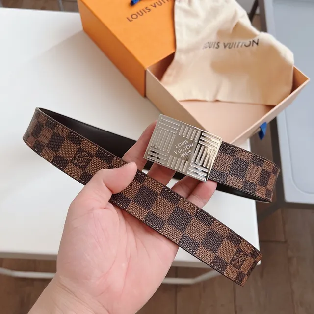 Louis Vuitton 棕色米色 Damier Ebène 帆布 Silver-Tone Grid Buckle 皮革腰带 5