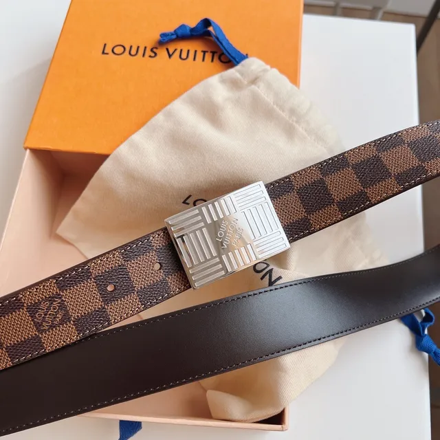Louis Vuitton 棕色米色 Damier Ebène 帆布 Silver-Tone Grid Buckle 皮革腰带 6