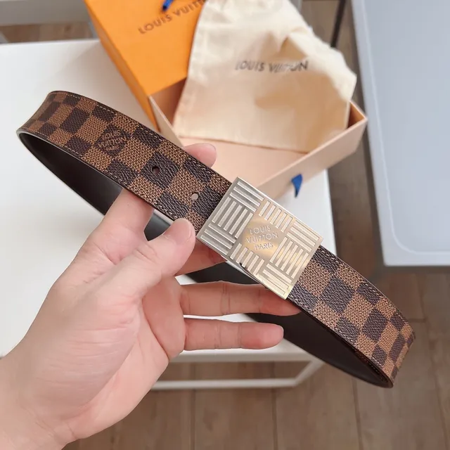 Louis Vuitton 棕色米色 Damier Ebène 帆布 Silver-Tone Grid Buckle 皮革腰带 7