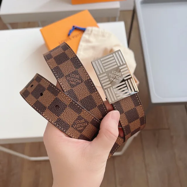 Louis Vuitton 棕色米色 Damier Ebène 帆布 Silver-Tone Grid Buckle 皮革腰带 8