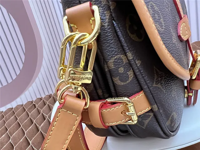 Louis Vuitton Brown Beige Monogram Canvas Tan Leather Trim Saddle Bag 6