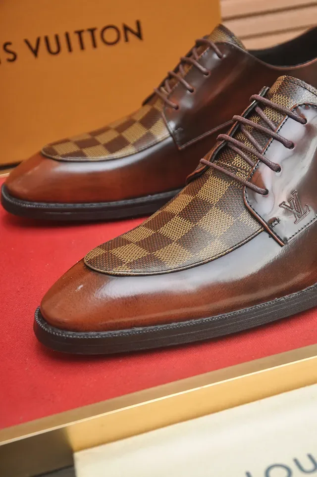 Louis Vuitton Brown Beige Polished Leather Damier Checkered Toe Panel Oxford Shoes 2