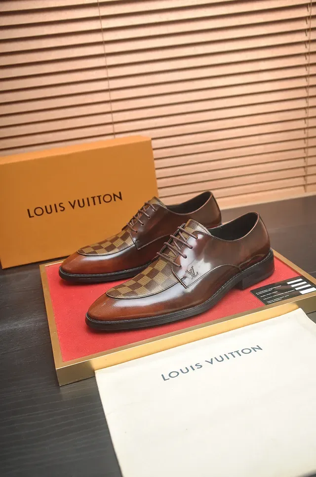 Louis Vuitton Brown Beige Polished Leather Damier Checkered Toe Panel Oxford Shoes 4