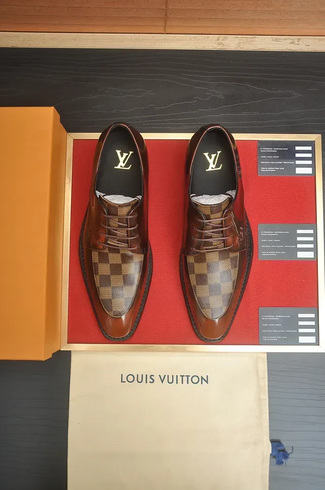 Louis Vuitton Brown Beige Polished Leather Damier Checkered Toe Panel Oxford Shoes 5
