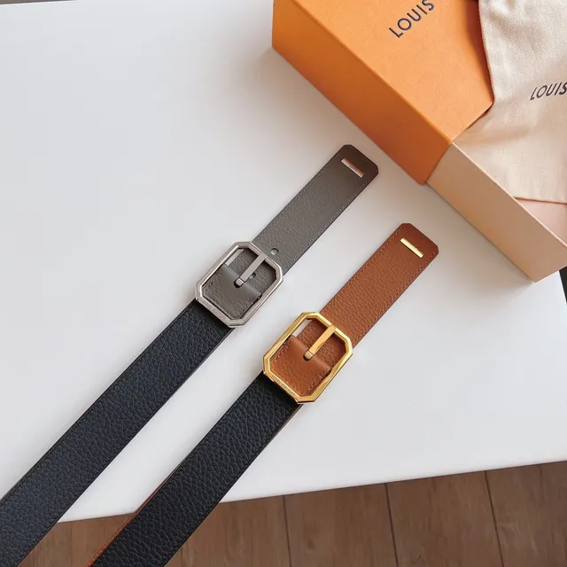Louis Vuitton Brown Black Pebbled Octagonal Gold-Tone Buckle Leather Belt 3