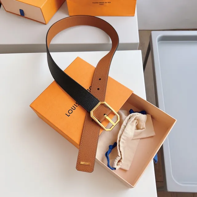 Louis Vuitton Brown Black Pebbled Octagonal Gold-Tone Buckle Leather Belt 7