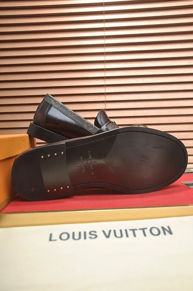 Louis Vuitton Brown Black Polished Leather Monogram Canvas Heel Trim Loafer 5
