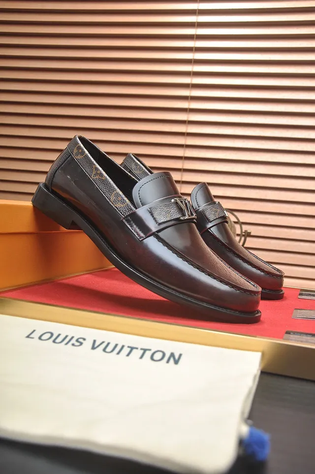 Louis Vuitton Brown Black Polished Leather Monogram Canvas Heel Trim Loafer 8