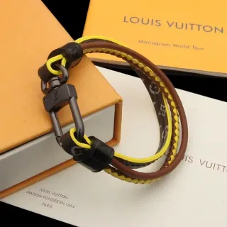 Louis Vuitton سوار جلد بني أصفر منسوج مزدوج التفاف