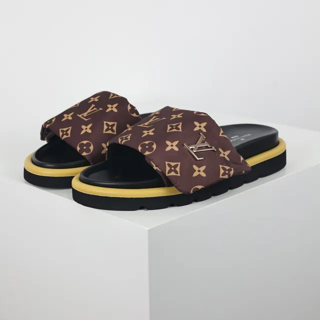 Louis Vuitton Brown Yellow Monogrammed Fabric Strap Metallic LV Logo Plaque Slippers 2