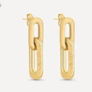 Louis Vuitton Chain Reaction Brincos Dourado Gravado Elos Ovais