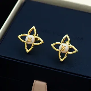 Brincos Louis Vuitton Motivo de Flor Dourado e Branco Cabochon
