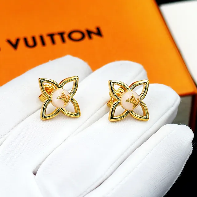 Brincos Louis Vuitton Motivo de Flor Dourado e Branco Cabochon 5