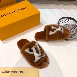 Louis Vuitton फर मोनोग्राम स्लिपर भूरा सफेद स्लिपर्स