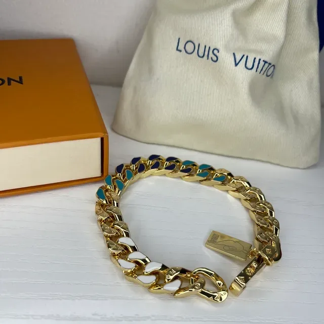 Louis Vuitton Gold Multicolor Curb Chain Enamel-Inlaid Links Bracelet 5