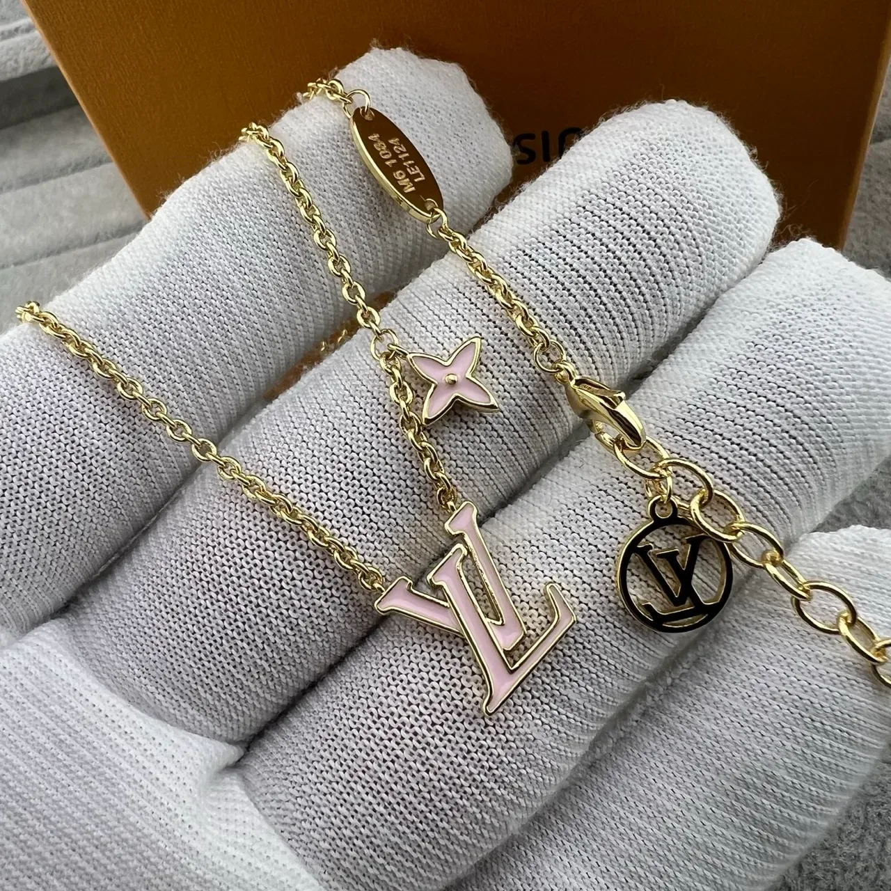 Louis Vuitton Gold Pink Chain Enamel Monogram Necklace 2
