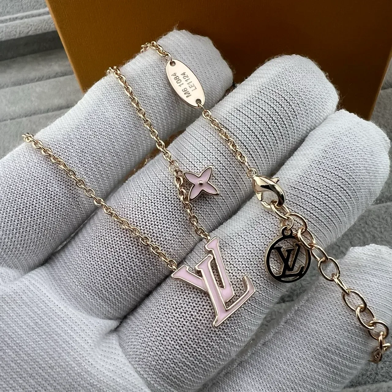 Louis Vuitton Gold Pink Chain Enamel Monogram Necklace 3