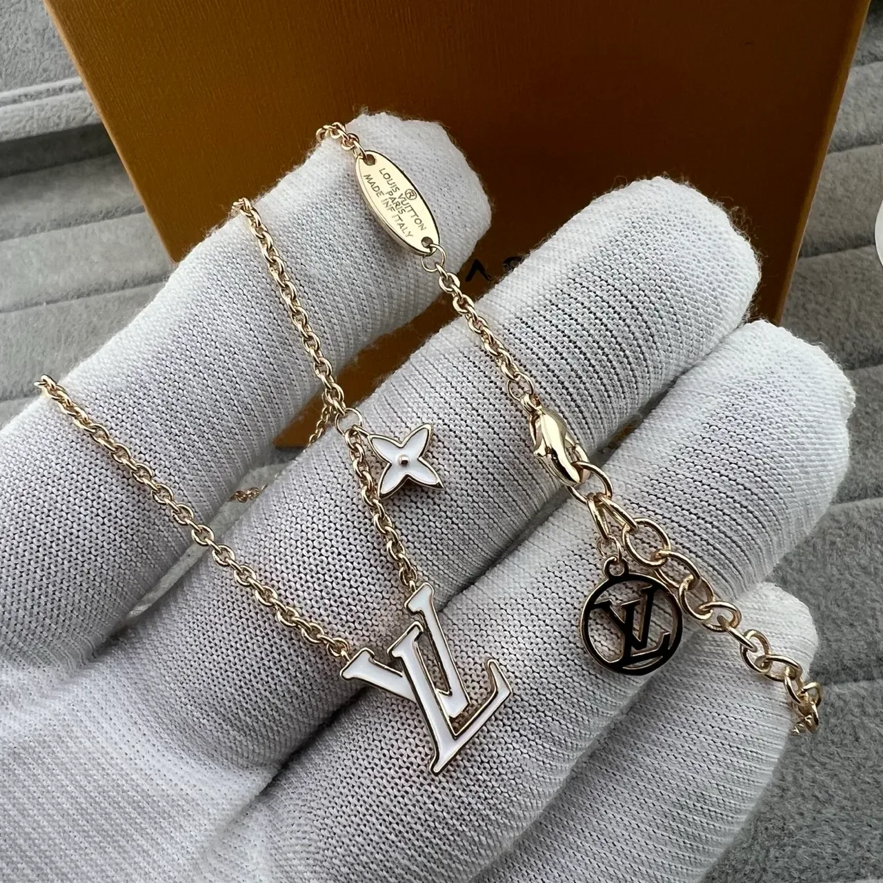 Louis Vuitton Gold Pink Chain Enamel Monogram Necklace 5