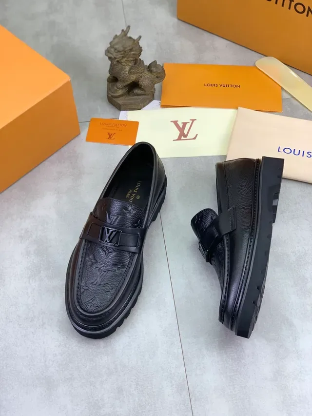 Louis Vuitton Loafer Black Embossed Monogram Leather LV Buckle Strap Loafer 5