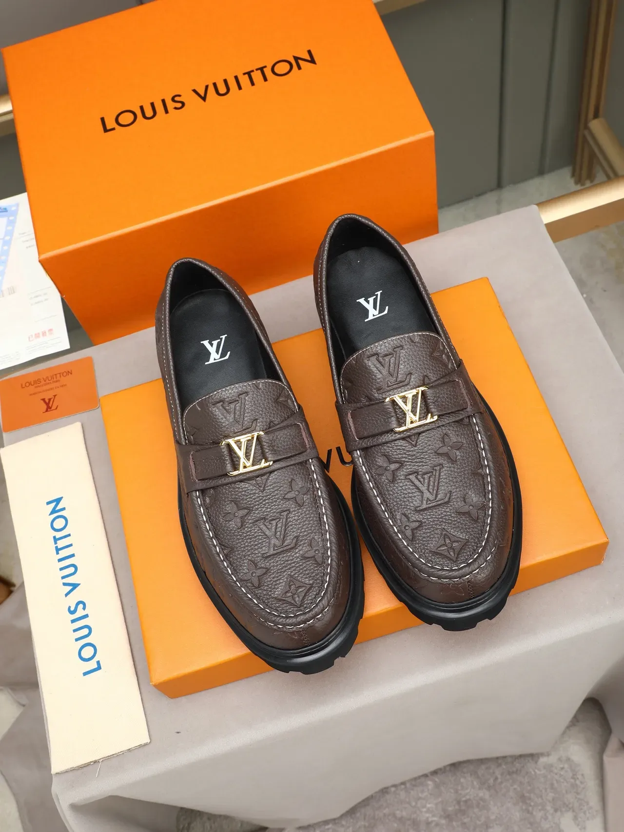 Louis Vuitton LV Trail Loafer Brown Monogram Leather Buckle Strap Platform Loafer 2