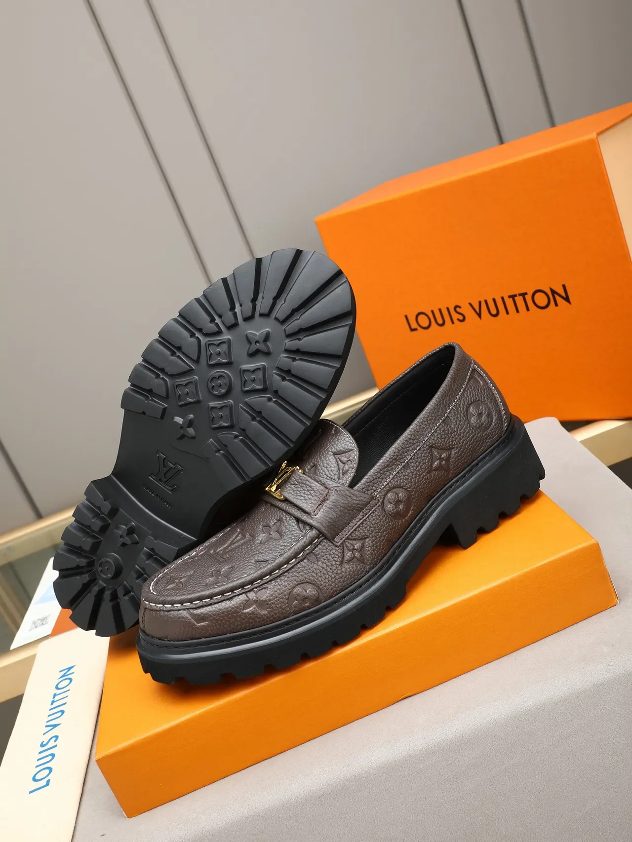 Louis Vuitton LV Trail Loafer Brown Monogram Leather Buckle Strap Platform Loafer 4