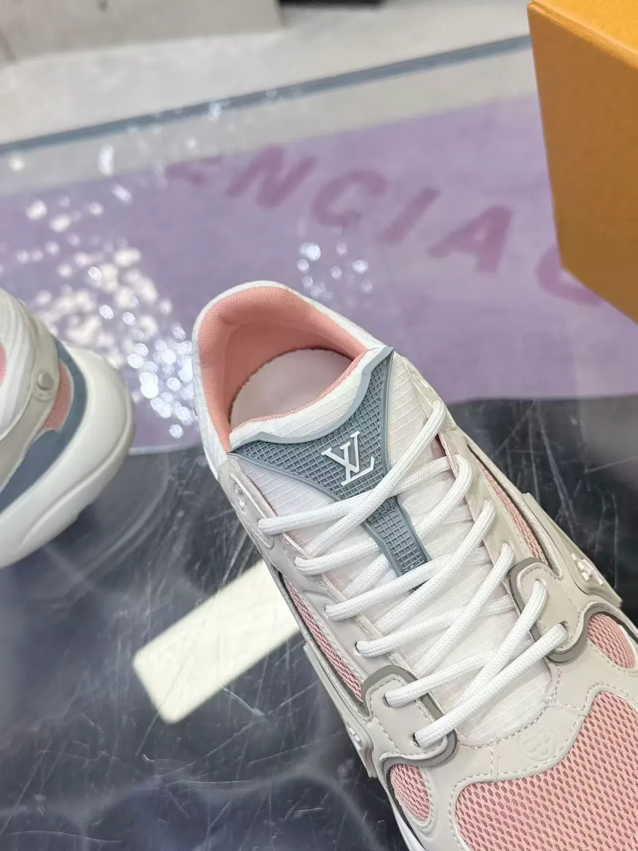 Louis Vuitton LV Trainer Beige Pink Sole Mesh And Leather Paneling Chunky Sneakers 4