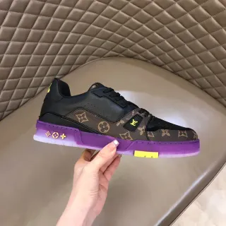 Louis Vuitton LV Trainer Negro Púrpura Monogram Lona Cuero Sobrecapas Estilo de vida Zapatillas