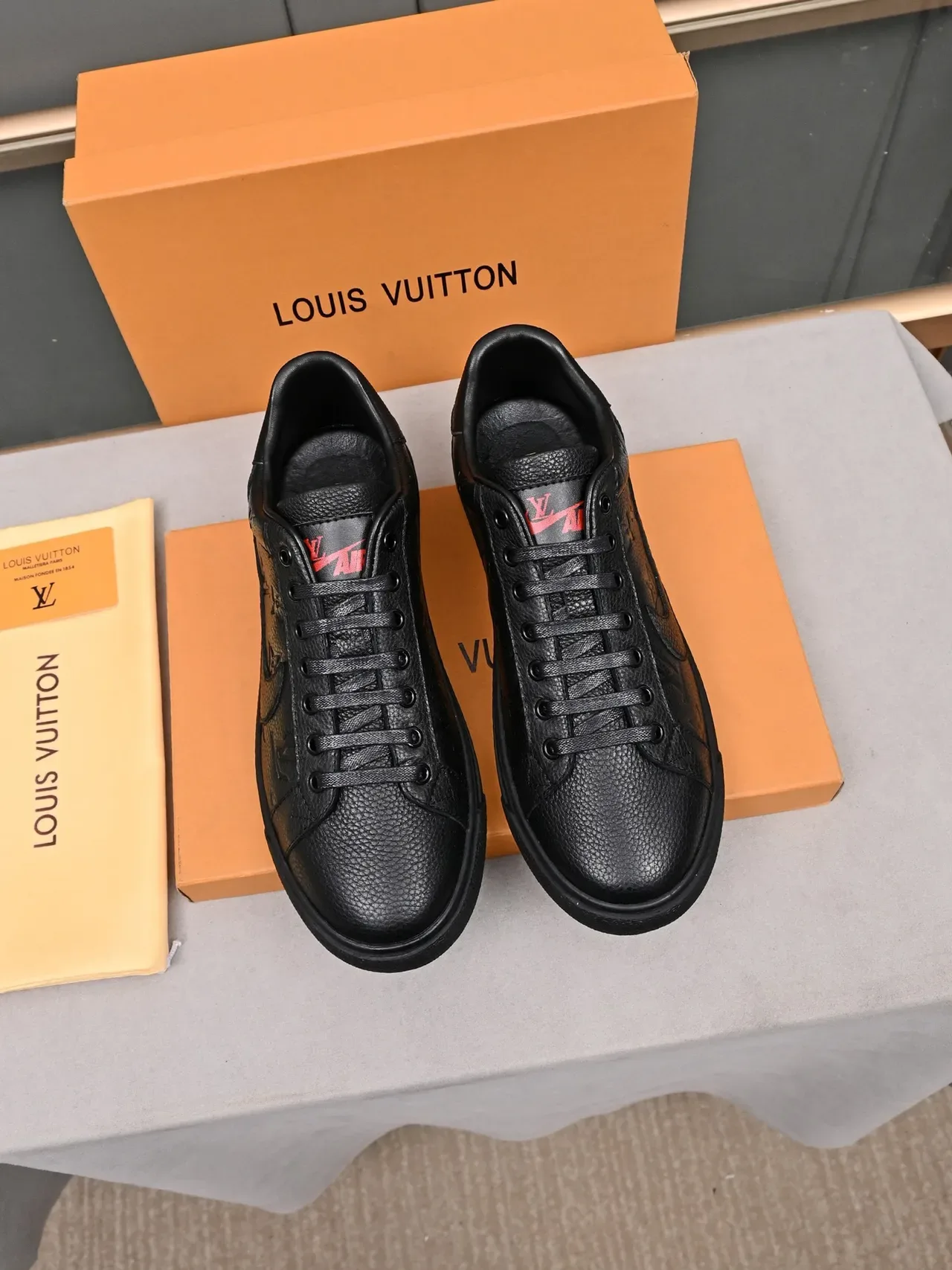 Louis Vuitton LV Trainer Black Red Embossed Monogram Leather Pebbled Texture Lifestyle Sneakers 3