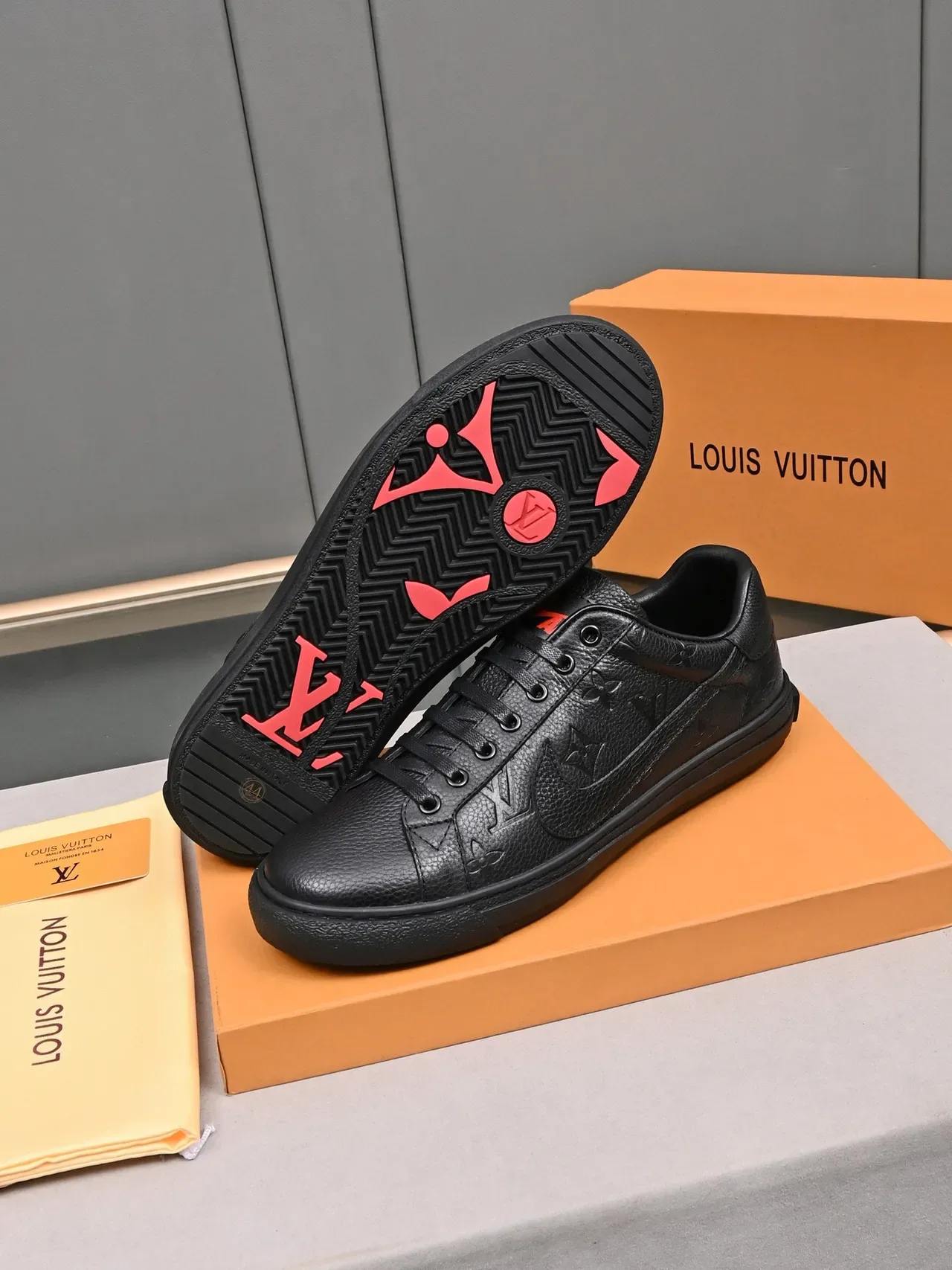 Louis Vuitton LV Trainer Black Red Embossed Monogram Leather Pebbled Texture Lifestyle Sneakers 4